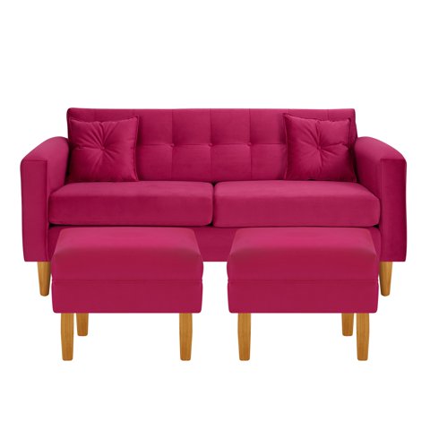 Bodevir - Sofa New Retro 3C + 2 Pouf Felpa 04 Burdeo