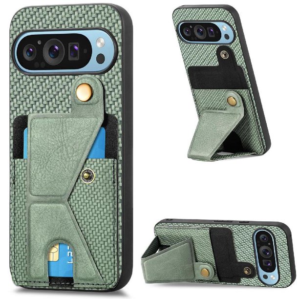 Funda Resistente para Google Pixel 9 con Tarjetero y Soporte, Diseño Magnético Verde
