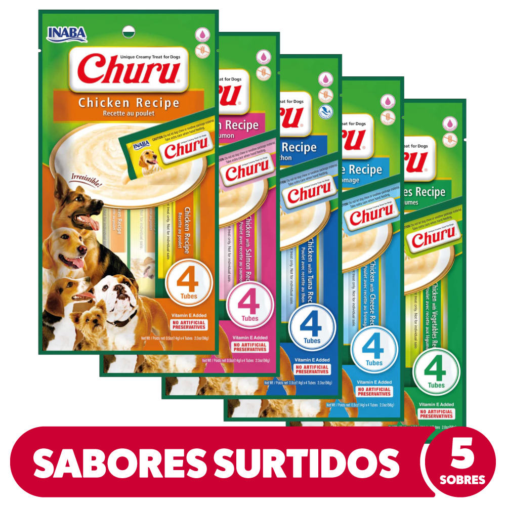 Snack Inaba Churu Perro Surtidos, Pack 5 Sobres (20 Tubitos)