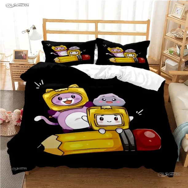 L-Lankybox Animated Movie All Season Duvet Cartoon Cover Bedding Sets Soft Quilt Cover and Pillowcases Single/Double/Queen/King