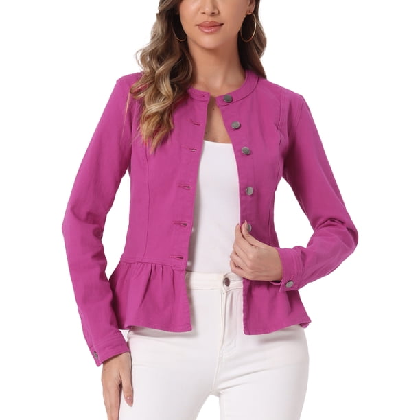 INSPIRE CHIC Chaquetas de Mezclilla para Mujer con Botones, Dobladillo Peplum, Mangas Largas, Chaquetas de Jean Cortas, Rosa Fucsia S