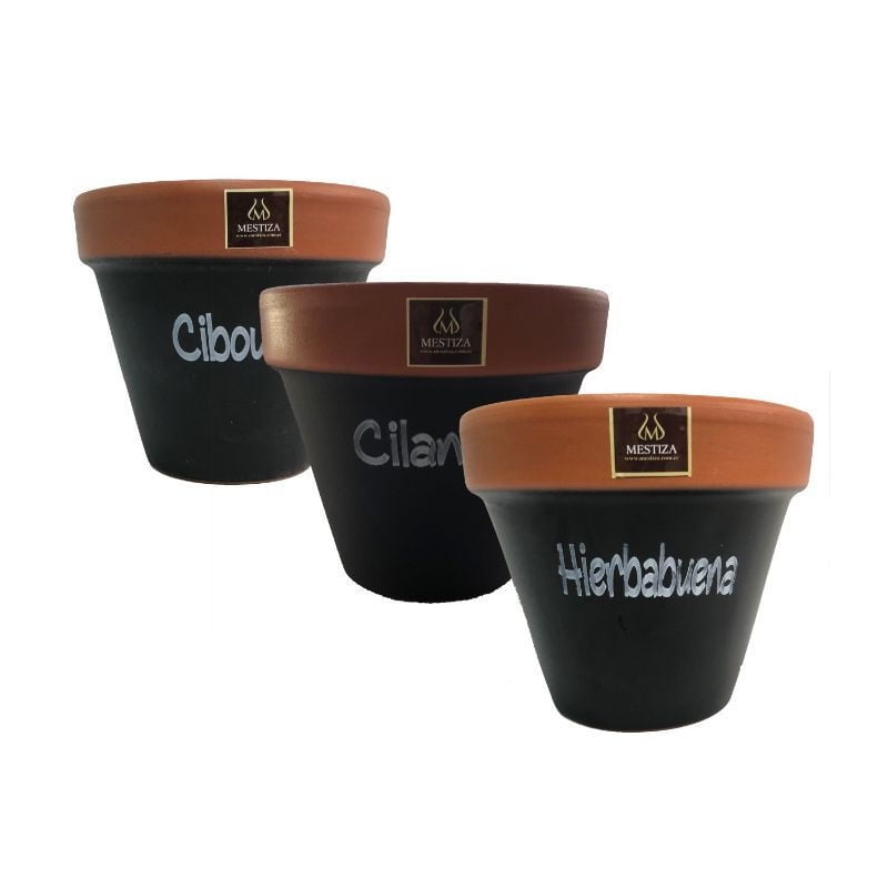 Mestiza - Set 3 Macetas Kony 15 Cm Huerto 3 Sabores / Ciboulette - Cilantro Y Hierbabuena