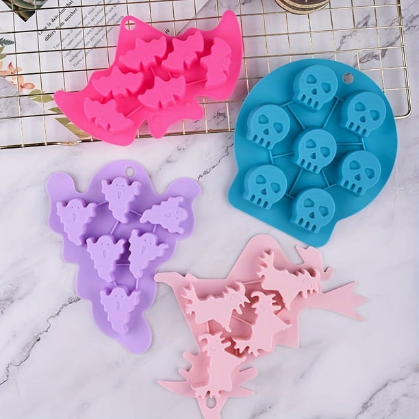 4Pcs/Set Halloween Chocolate Molds, Bat Skull Ghost Witch Silicone Mold For Candy Cake Baking Making Mini Soap Halloween Party Favors Supplies