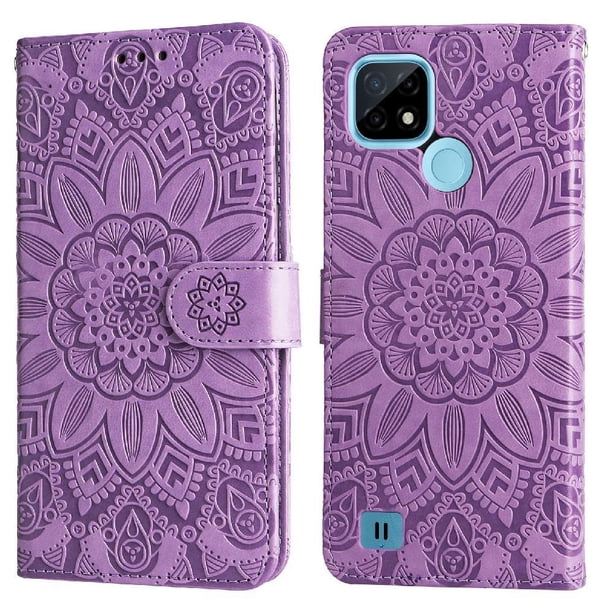 Funda tipo cartera FOXDOCK para Realme C25Y , diseño girasol en relieve, cuero PU, cierre magnético, soporte y tarjetero