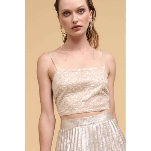 Top Corto De Cuello Recto Con Lentejuelas Florales