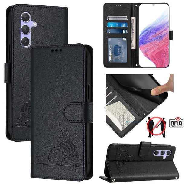 Funda tipo cartera FOXDOCK para Samsung Galaxy A54 5G con soporte, ranuras, RFID, diseño de gato
