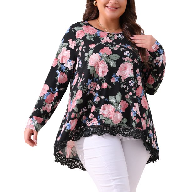 Agnes Orinda Conjuntos de Halloween para Mujeres Tallas Grandes Cuello Redondo con Encaje, Blusa Floral de Línea A con Dobladillo Alto Bajo, Túnica Tops 4X Negro