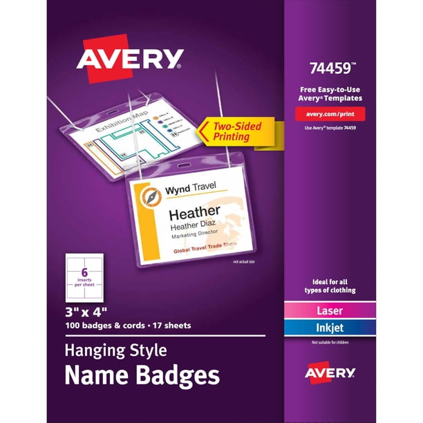 Insignias identificativas Avery personalizables de 3 x 4 cm con 100 soportes y cordones