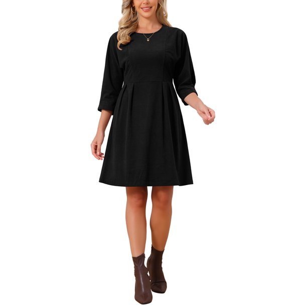 Vestido de Pana para Mujer INSPIRE CHIC 2026 Manga 3/4 Cuello Redondo Largo a la Rodilla Otoño Invierno Casual Línea A con Bolsillos M Negro