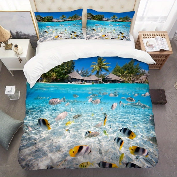 2/3pcs Duvet Cover Set, Fish Beach Print Bedding Set, Soft Comfortable Breathable Duvet Cover, For Bedroom Guest Room Dorm (1*Duvet Cover + 1/2*Pillowcase, Without Core)
