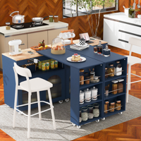 M&Ms - K&K Rolling Kitchen Island With Extended Table, Kitchen Island On Wheels With Led Lights,Power Outlets And 2 Fluted Glass Doors, Kitchen Island With A Storage Compartment And Side 3 Open Shelves, Navy