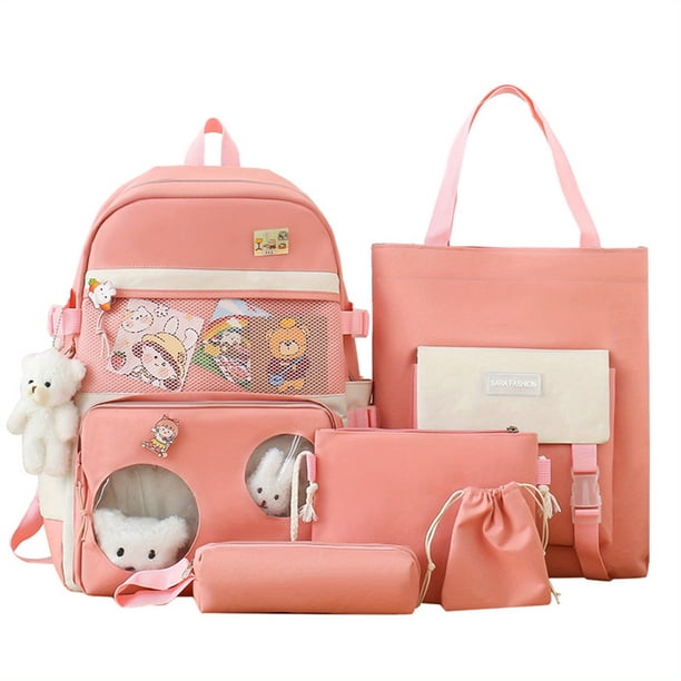 5pcs Backpack Crossbody Bag Handbag Drawstring Bag And Pen Bag Set, Ultralight Burden Reduction Schoolbag Set, Cute Bear Pendant Backpack, Women's Men's Backpack, Preppy Large-capacity Travel Bag