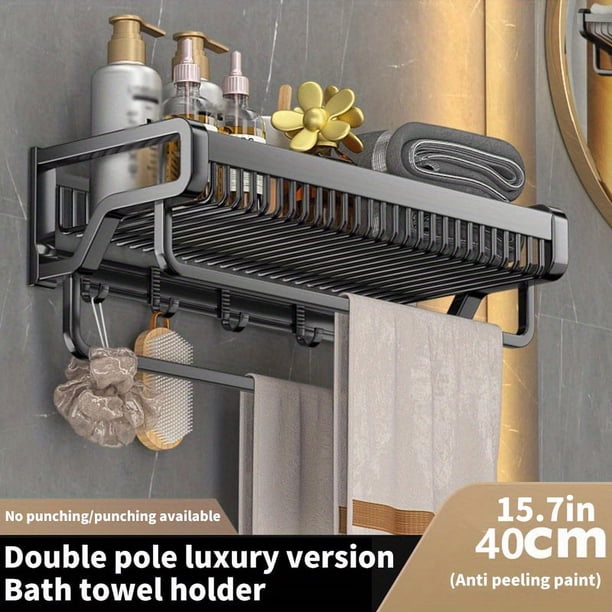 1pc Space Aluminum Bathroom Towel Rack, No Drilling Toilet Bathroom Storage Rack, Wall-mounted Bathroom Clothes Storage Rack, Bathroom Accessories