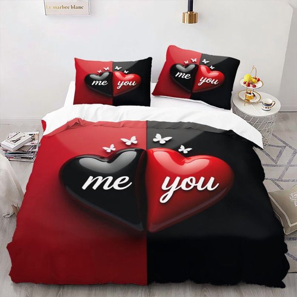 Couple's Bedding in Red and Black with Heart Pattern and "Me You" Print Romantic Bedroom Decor