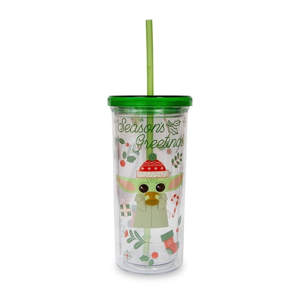 Vaso frío Silver Buffalo Star Wars: The Mandalorian Grogu Christmas Icons de plástico con pajita reutilizable y tapa a prueba de fugas
