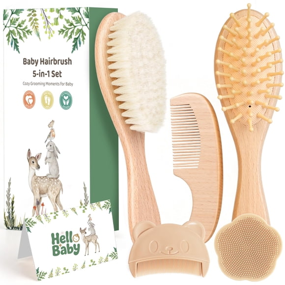 Set de Cepillos para Bebé GVOO de 5 Piezas con Cerdas de Cabra y Madera