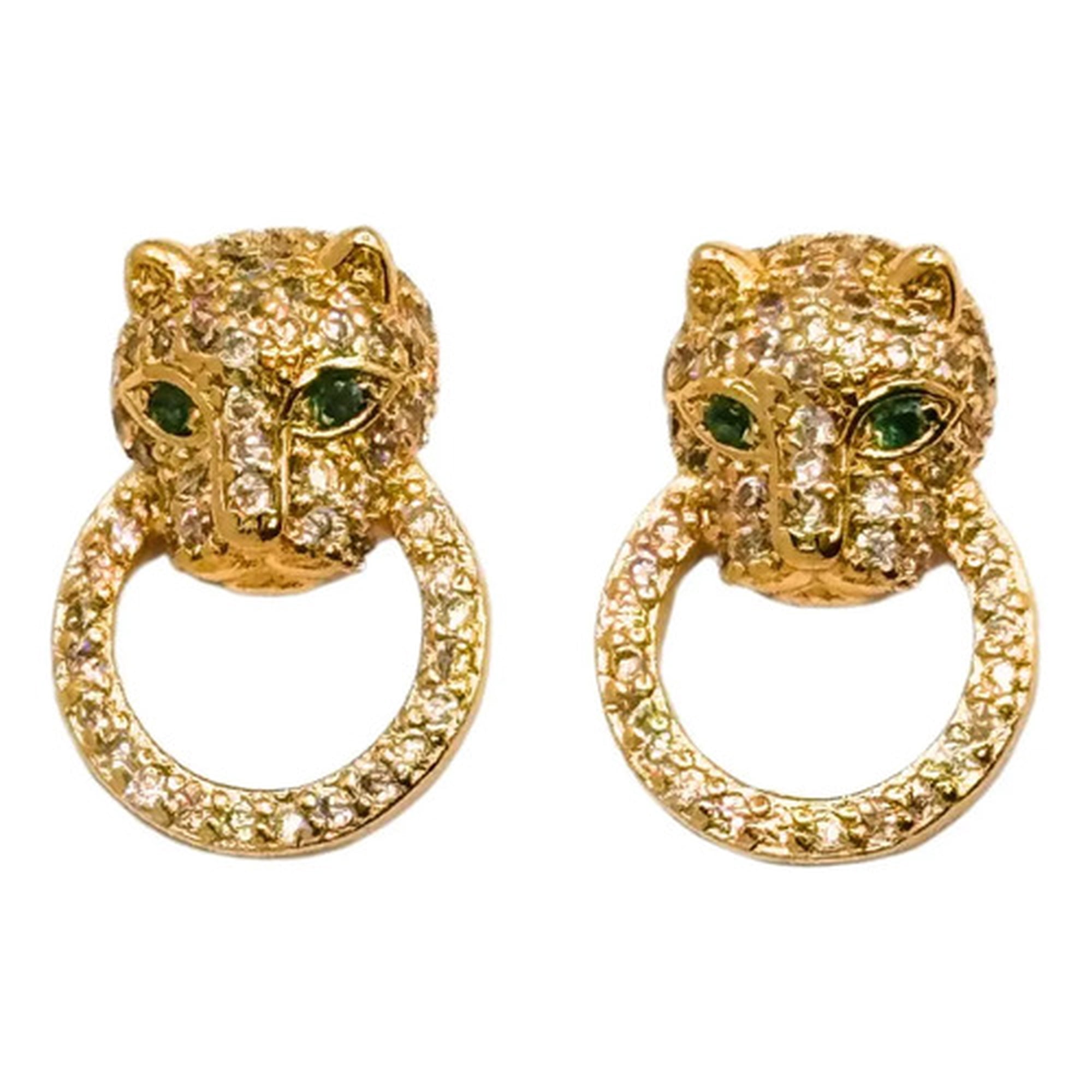 Marca - Aros Apegados Leopardo, Oro 14k Y Circonitas, Fiesta, Regalo