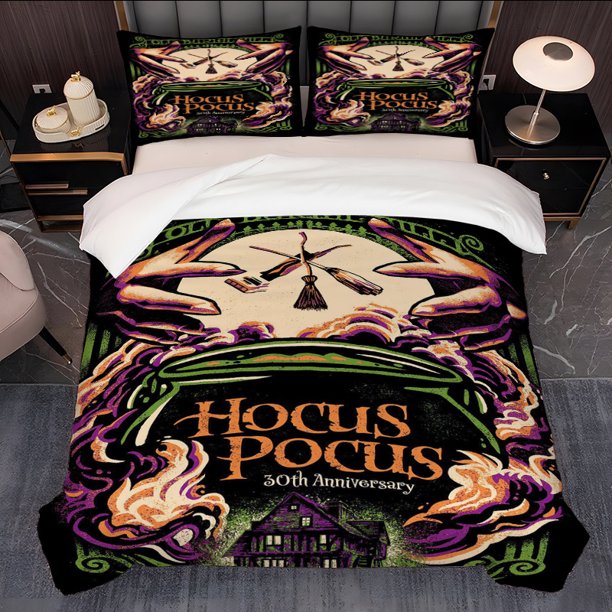 3pcs Halloween Commemorative Edition Witch Theme Poster Pattern Bedding Set Duvet Cover and Pillowcases