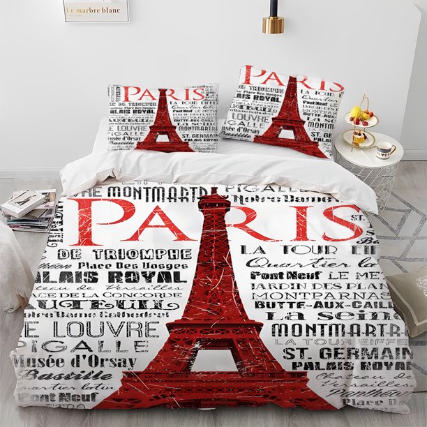 France Paris Eiffel Tower Romantic Comforter Bedding Set,Duvet Cover Bed Set Quilt Cover Pillowcase,King Queen Size Bedding Set Bed Sheets