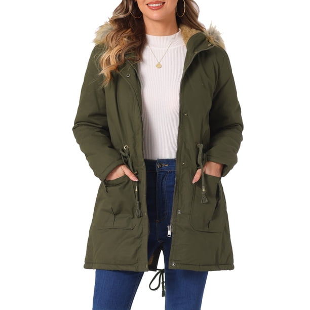 INSPIRE CHIC Chaqueta de Invierno para Mujer Abrigo Largo Acolchado a Prueba de Viento con Capucha de Piel Sintética M Verde Militar