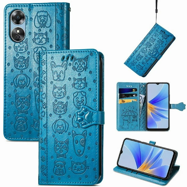 Funda Cartera FOXDOCK para OPPO A17 , Flip PU con Relieve de Gatos y Perros, Tarjetero y Soporte