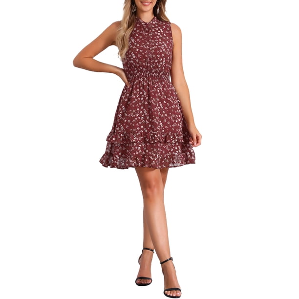 INSPIRE CHIC Vestidos de Chifón para Mujer Vestido Mini de Línea A sin Mangas con Flores Chic Fruncido L Burdeos