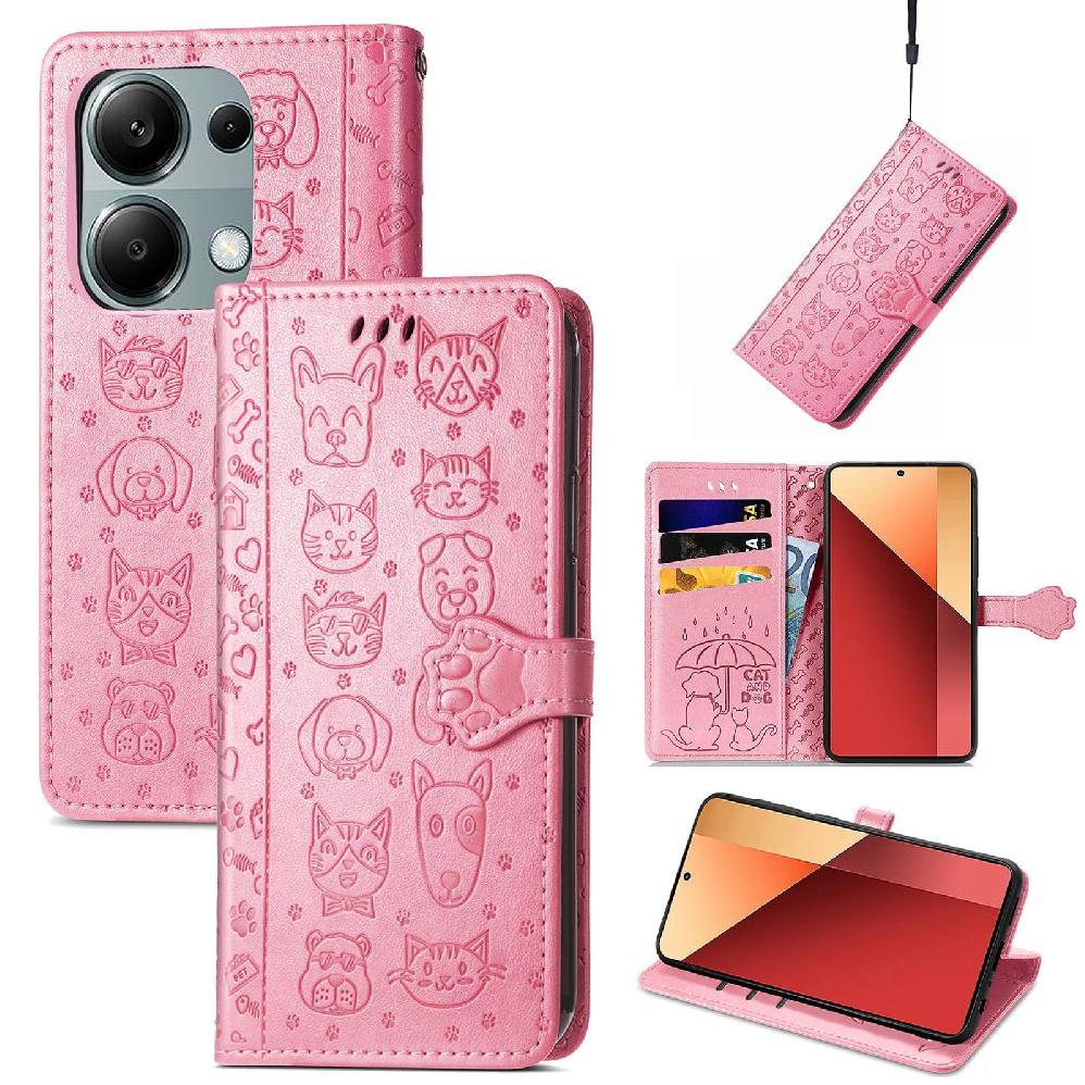 Funda Cartera Foxdock Para Xiaomi Redmi Note 13 Pro 4G , Flip Pu Con Relieve De Gatos Y Perros, Tarjetero Y Soporte
