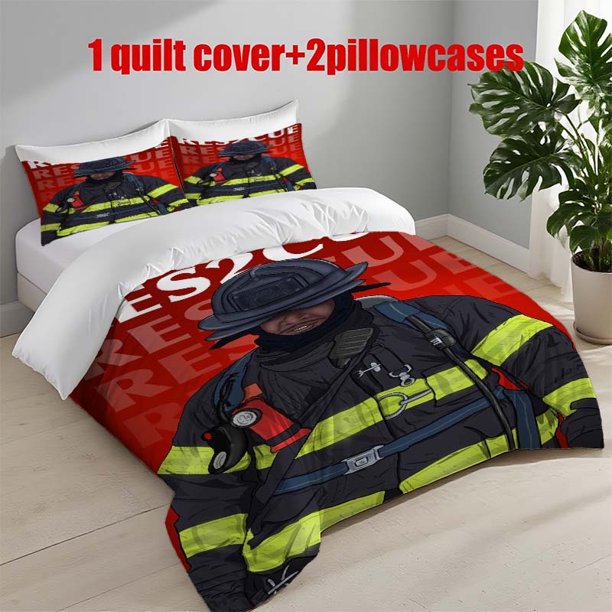 3pcs Firefighter Design Themed Printed Bedding Set Duvet Cover and Pillowcases