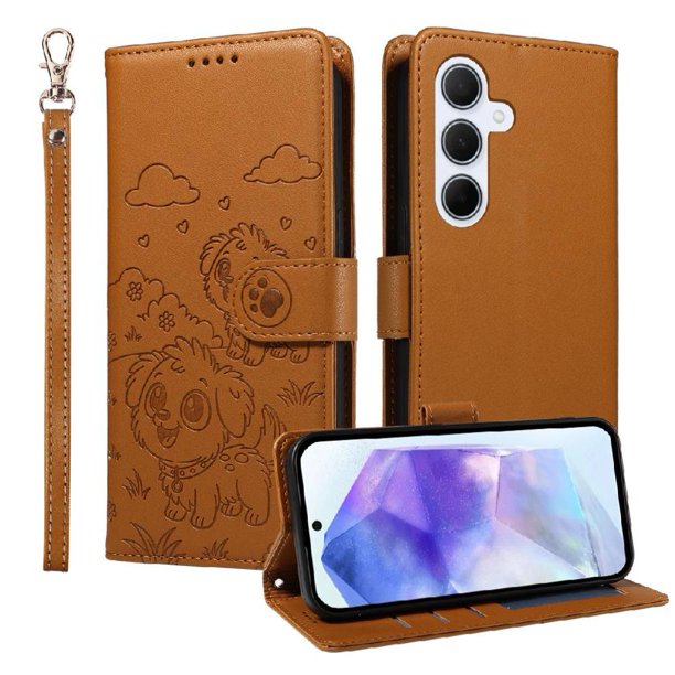 Funda Cartera para Samsung Galaxy A55 Perro Cachorro Grabado con Tarjetas Soporte Correa Marrón