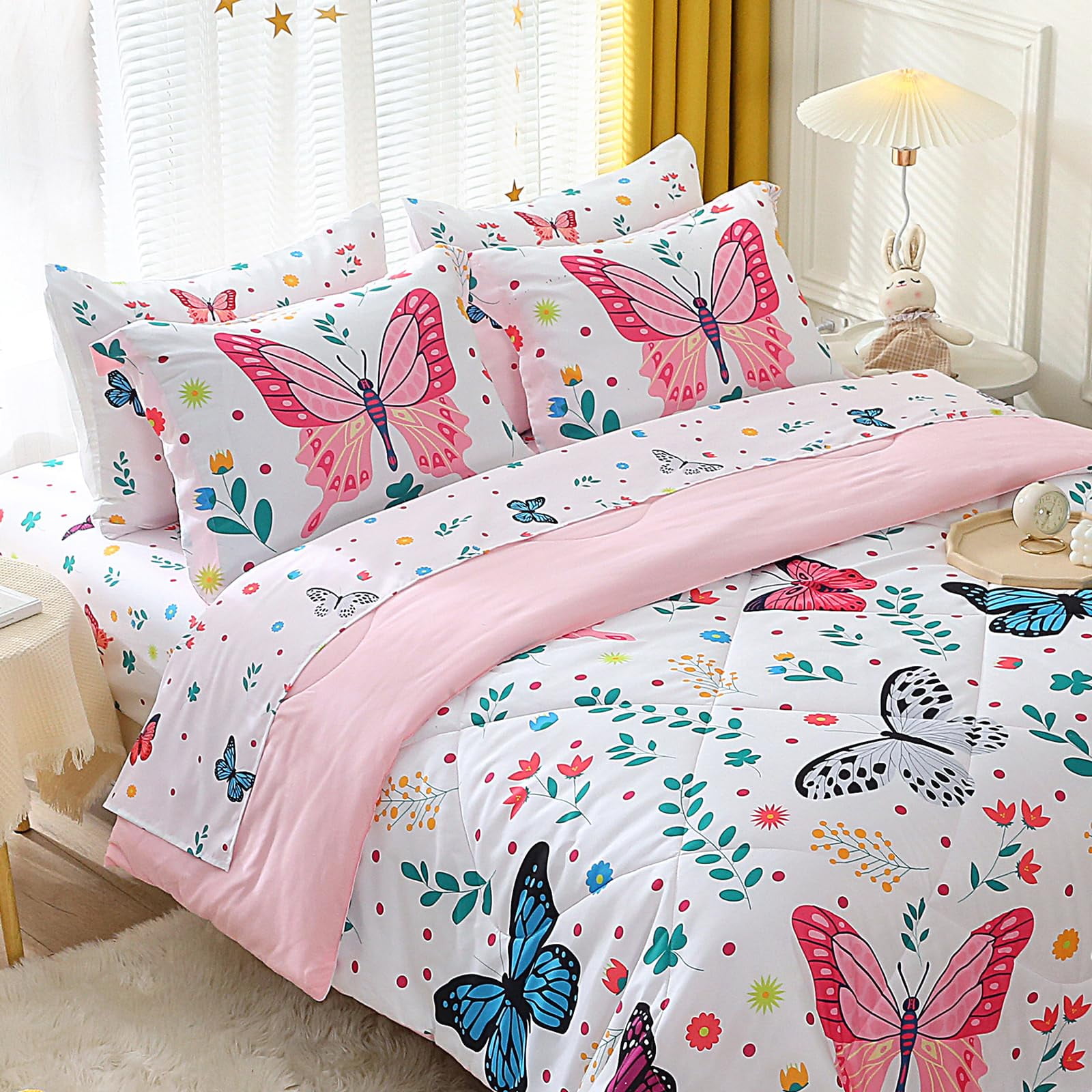 Juego De Edredón Jameswish Girls Butterfly, Tamaño Completo, 7 Piezas