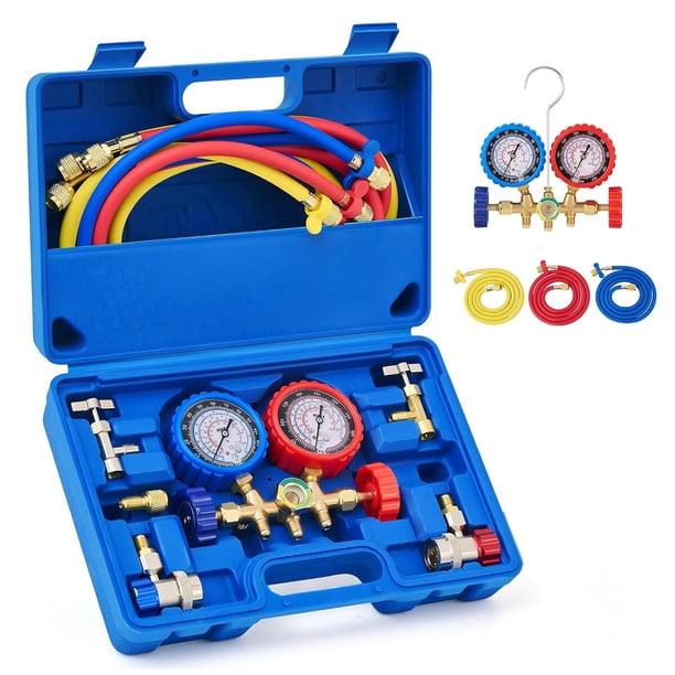 OMT Juego de manómetros para aire acondicionado R134a, R12, R22 y R502 con mangueras de 5 pies