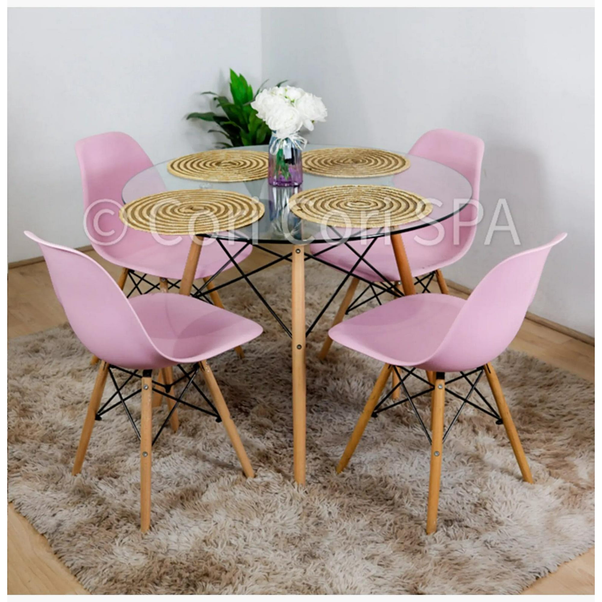 Cori Cori - Comedor Mesa Vidrio 80cms + 4 Sillas Eames Replica Color Rosa