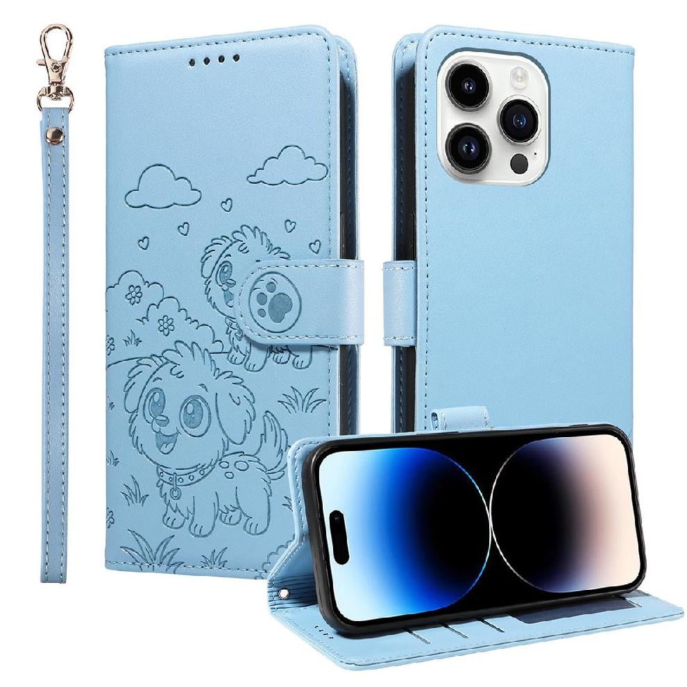 Foxdock - Funda Cartera Para Iphone 14 Pro Perro Cachorro Grabado Con Tarjetas Soporte Correa Azul