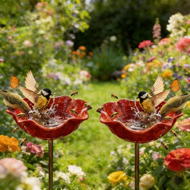 Estaca jardín flor metal hecha mano baño pájaros estación agua polinizadores exterior
