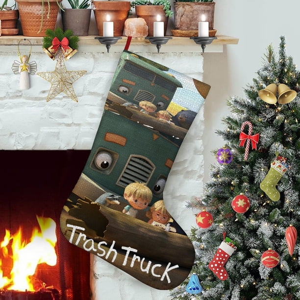 Camión de Basura Tema: Calcetines de Navidad, fino lino blanco para colgar en escaleras y chimenea, decoración navideña para el hogar, regalo de Navidad.54cm×38cm