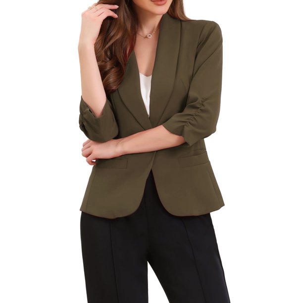 INSPIRE CHIC Blazer con solapa de chal para mujeres, mangas 3/4, bolsillo, traje de trabajo de un solo botón XS Café