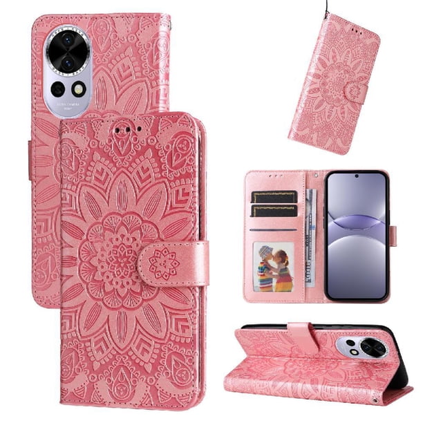 Funda tipo cartera FOXDOCK para Huawei Nova 14 , diseño girasol en relieve, cuero PU, cierre magnético, soporte y tarjetero