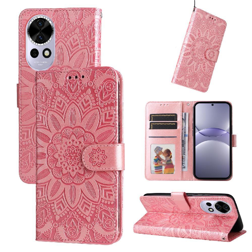 Funda Tipo Cartera Foxdock Para Huawei Nova 14 , Diseño Girasol En Relieve, Cuero Pu, Cierre Magnético, Soporte Y Tarjetero