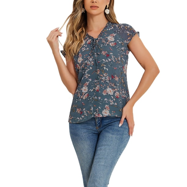 INSPIRE CHIC Blusa Floral de Regreso a Clases para Mujer, Manga Corta, Casual de Chifón con Volantes, Gris Azul M