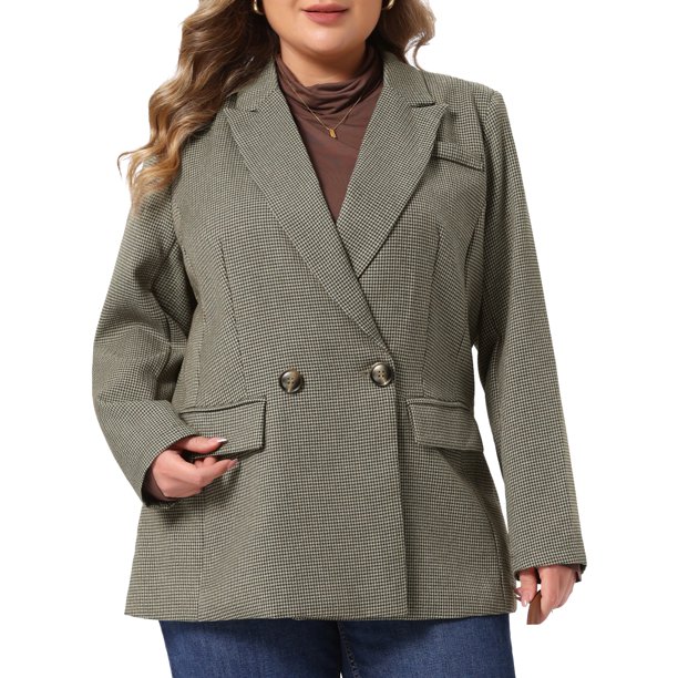 Blazer de Tweed para Mujer de Talla Grande Agnes Orinda con Solapa de Muesca, Doble Botonadura, Manga Larga, Cuadro de Pata de Gallo, Casual de Negocios, Talla 3X Marrón