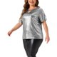 thumbnail image 4 of Top Metálico de Talla Grande para Mujeres Escuela Universidad Cuello Redondo con Abertura Manga Corta Camiseta Blusa de Fiesta 2X Plata, 4 of 6