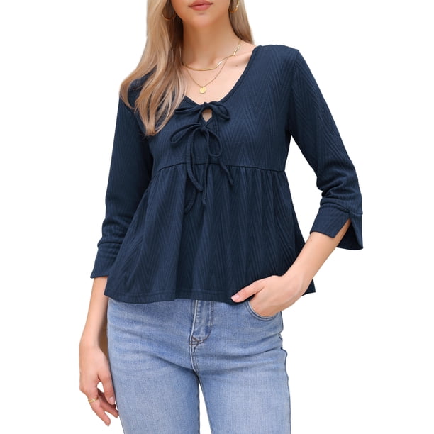 INSPIRE CHIC Blusa casual con peplum para mujer, manga 3/4, cuello en V con lazo, dobladillo con volantes, blusa de verano M azul oscuro