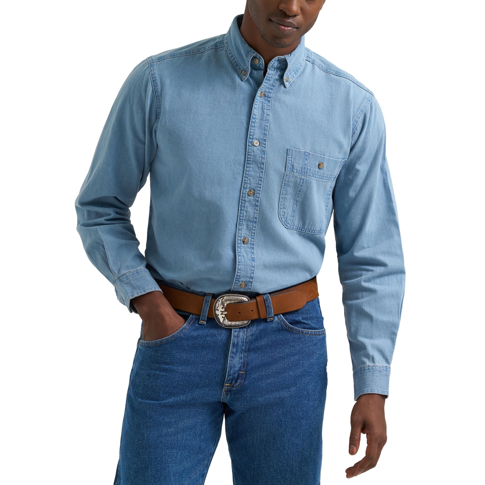 Camisa De Denim Wrangler Rugged Wear De Un Bolsillo, Lavado A La Piedra