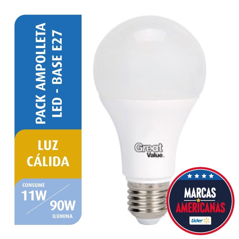 Great Value - Pack 6 Ampolletas Led Bola A60 11W Luz Cálida Base E27