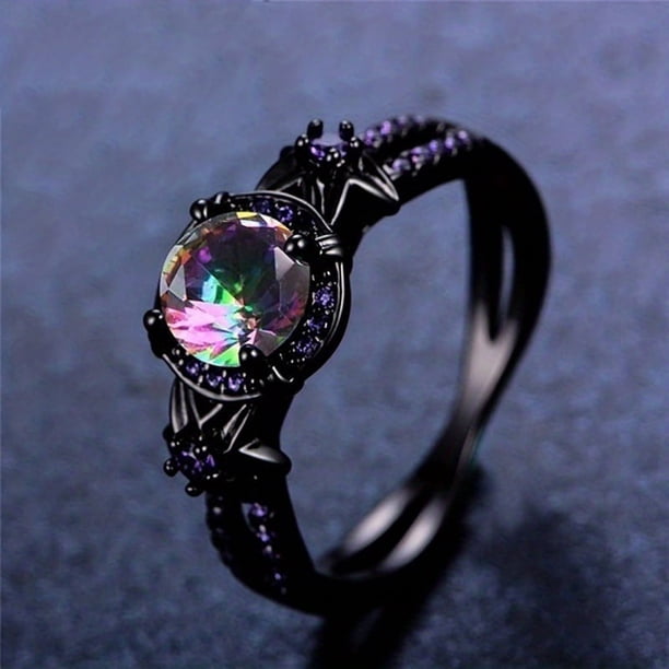 1pc Trendy Black Zirconium Ring For Unisex, Punk Black Ring With Purple Rhinestones