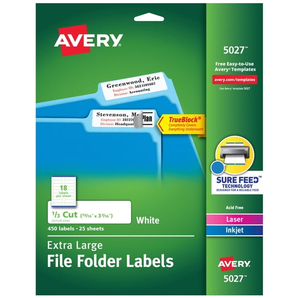 Etiquetas para carpetas de archivos Avery TrueBlock extra grandes 450, blancas