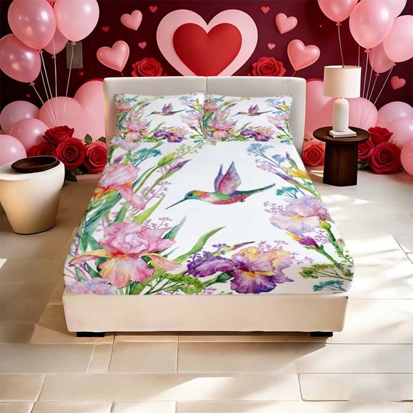 Hummingbird And Iris Print Fitted Sheet Fitted Sheet Microfiber Soft And Breathable Deep Pocket Non-Slip Suitable for All Seasons! Ideal for Family And Friends