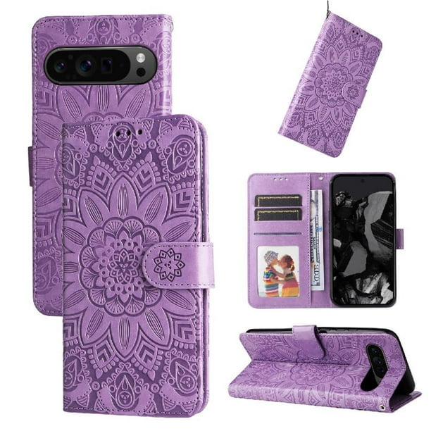 Funda tipo cartera FOXDOCK para Google Pixel 9 Pro XL , diseño girasol en relieve, cuero PU, cierre magnético, soporte y tarjetero