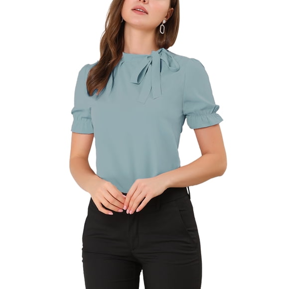 INSPIRE CHIC Blusas de Mujer de Color Sólido con Lazo en el Cuello, Mangas Cortas, para Regreso a Clases y Uso en el Trabajo, Azul Menta XL