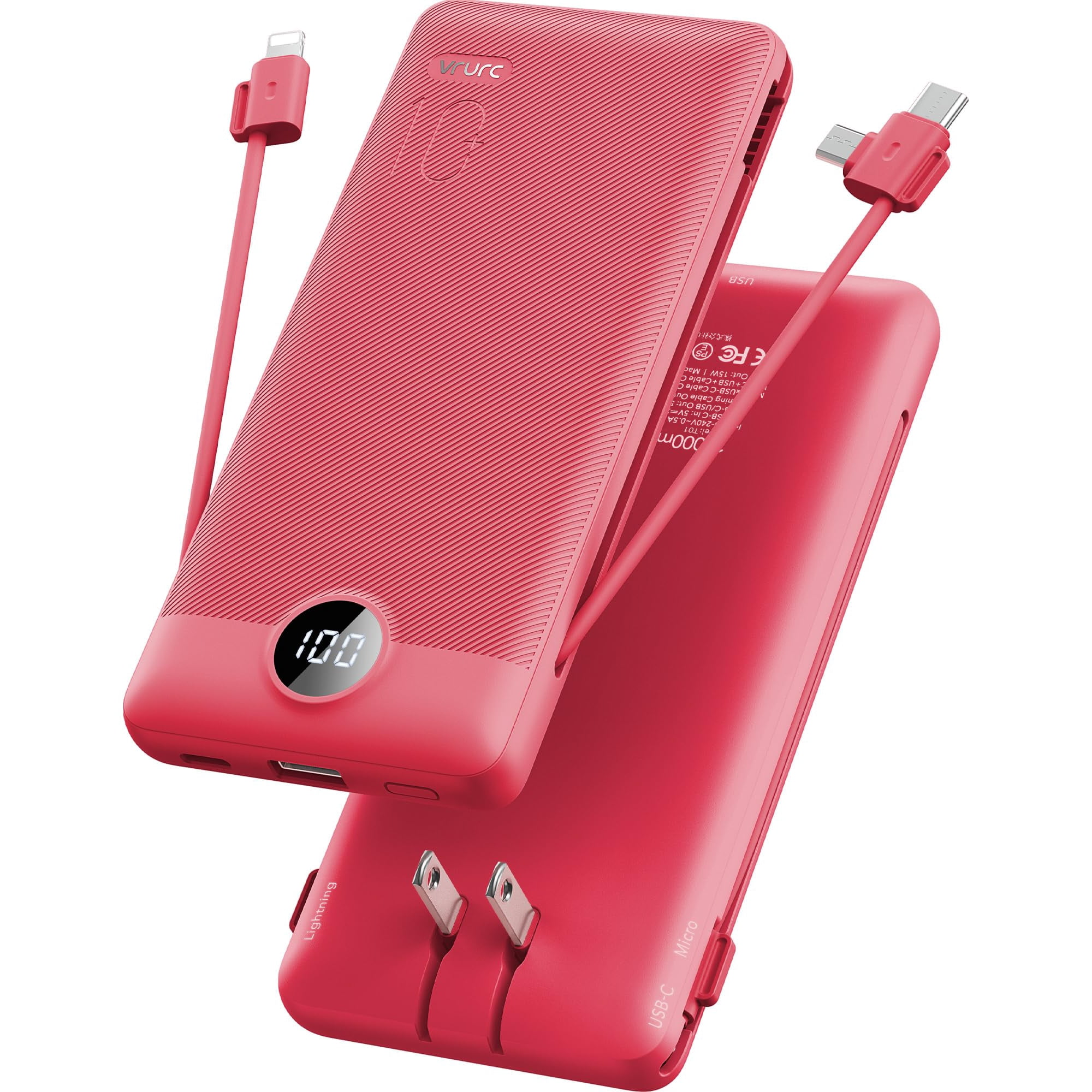 Cargador Portátil Vrurc De 10000 Mah Con Cables Y Enchufe Integrados